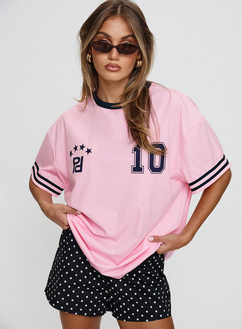 front view of model wearing Princess Polly Cornwall Football Jersey Pink Half Sleeves Crew Neck 