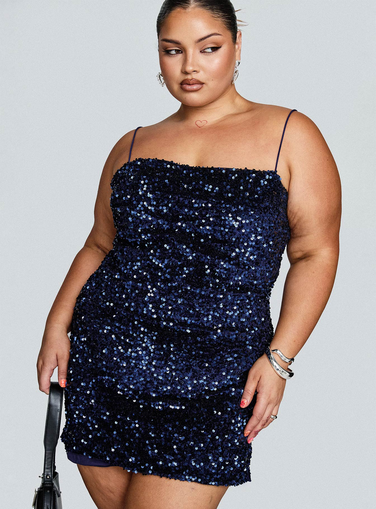 side view of model wearing Princess Polly Layney Sequin Mini Dress Navy Curve Square Neck 