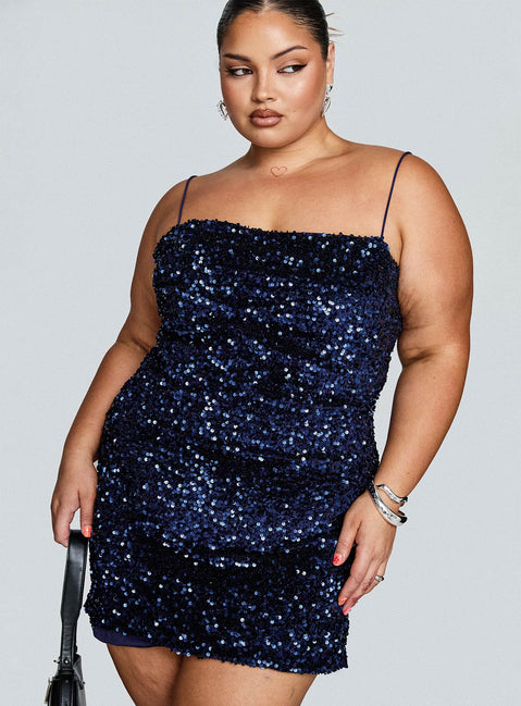 side view of model wearing Princess Polly Layney Sequin Mini Dress Navy Curve Square Neck 