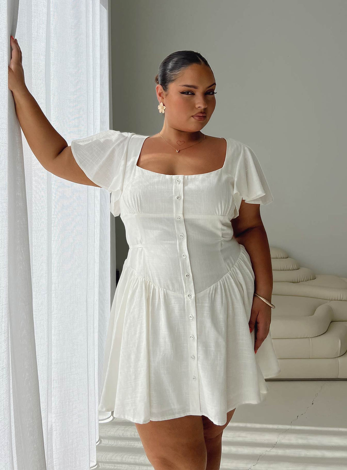 front view of model wearing Princess Polly Forever More Mini Dress White Curve Square Neck 