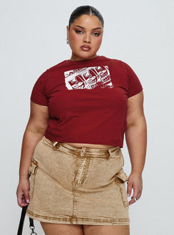   front view of model wearing Princess Polly Velveta Low Rise Denim Skirt Camel Curve Mini Skirts Skirts 