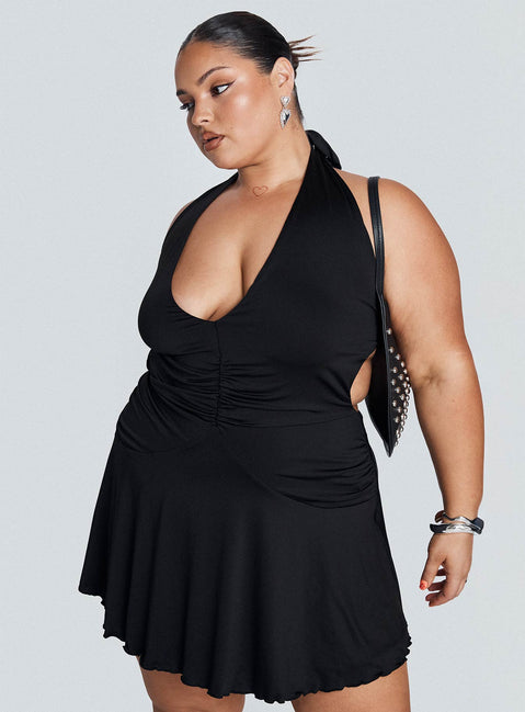 back view of model wearing Princess Polly Maeva Halter Mini Dress Black Curve Plunger 
