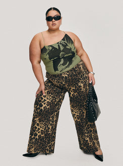 front view of model wearing Princess Polly Pantar Low Rise Pants Leopard Curve Low Rise Pants Pants 
