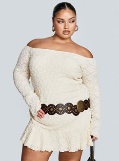 front view of model wearing Princess Polly Vancesca Strapless Mini Dress Cream Curve Straight Neck 