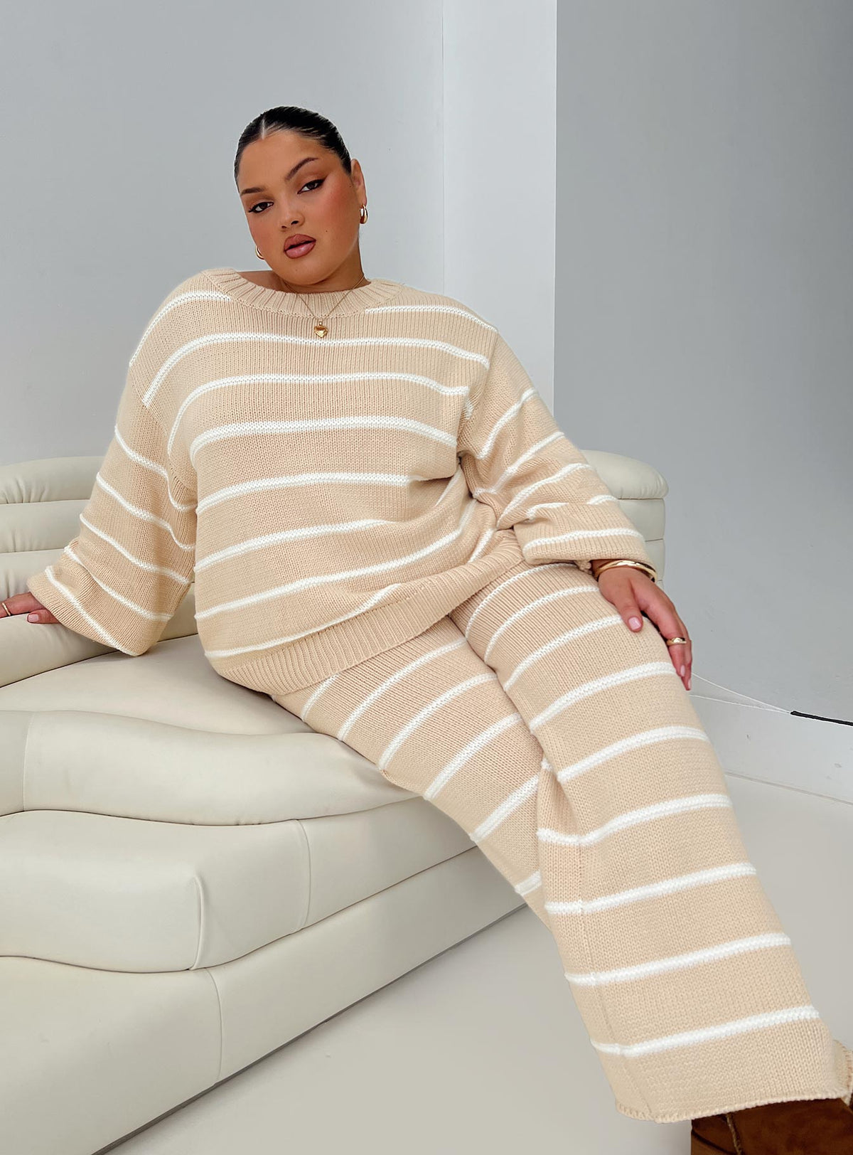 Read Your Mind Knit Pant Cream Stripe High Rise Pants Pants 