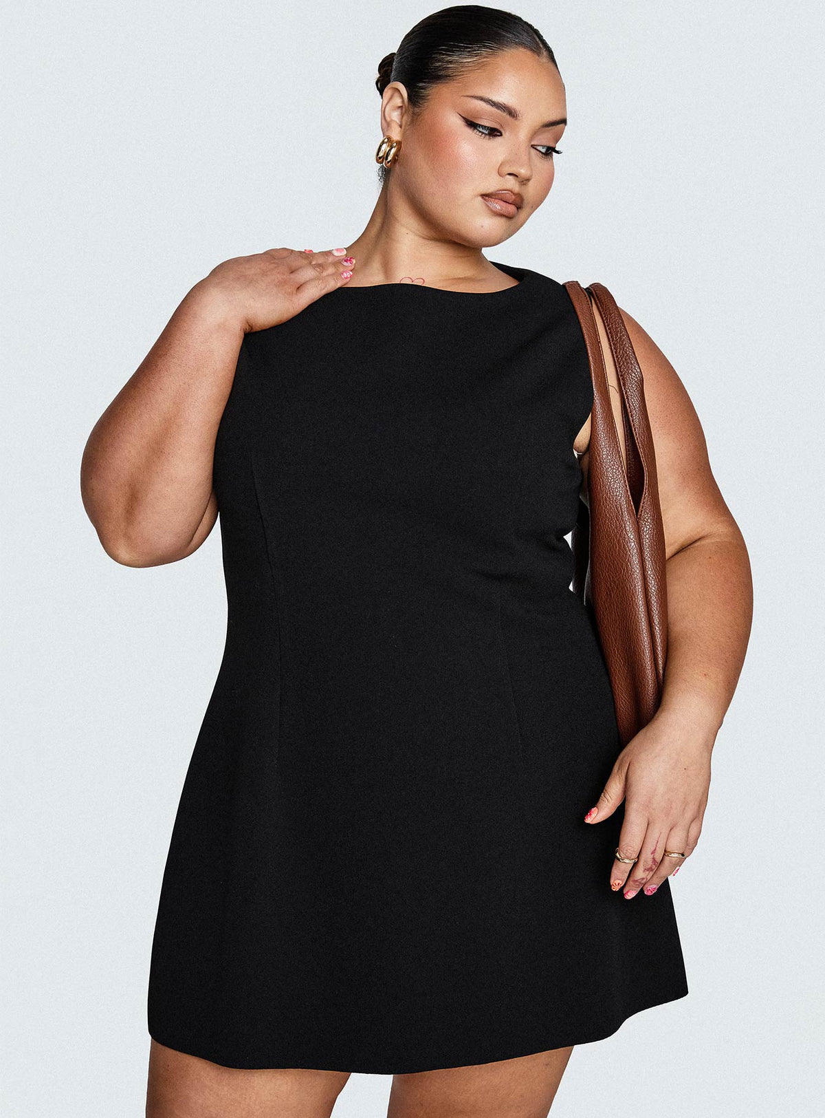 front view of model wearing Princess Polly Anse Mini Dress Black Curve Crew Neck 