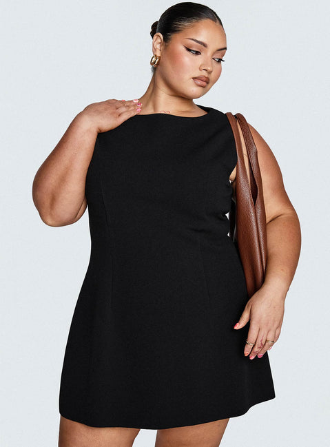 front view of model wearing Princess Polly Anse Mini Dress Black Curve Crew Neck 