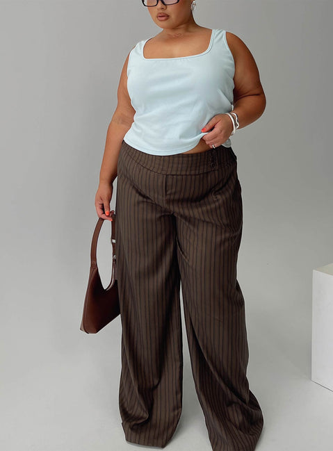 front view of model wearing Princess Polly Cedars Low Rise Pant Brown Stripe Curve Low Rise Pants Pants 