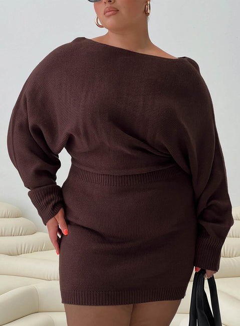 front view of model wearing Princess Polly Bellamie Long Sleeve Mini Dress Chocolate Curve Boat Neck 
