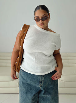 front view of model wearing Princess Polly Ashfield Off Shoulder Top White Curve Short Sleeves Asymmetric Neckline 