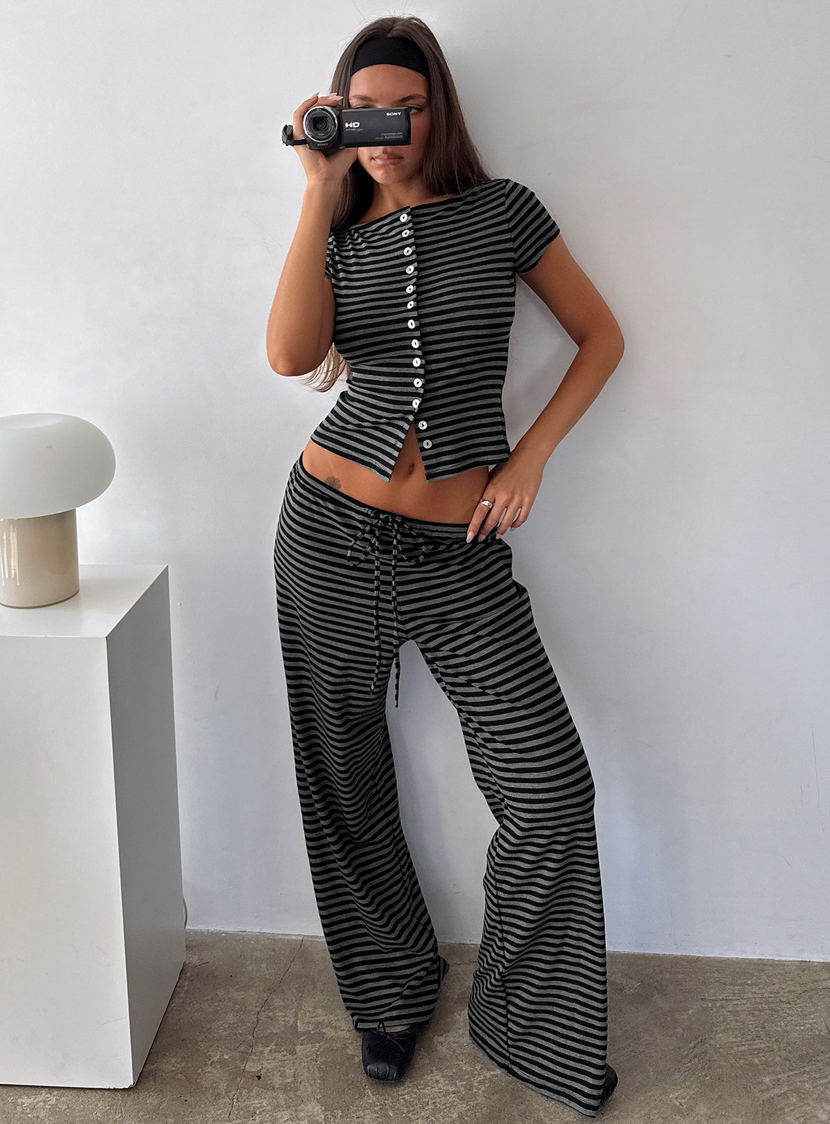 front view of model wearing Princess Polly Gavrielle Jersey Wide Leg Pants Stripe High Rise Pants Pants 