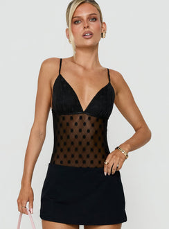Showcasing the Marlyne Sheer Lace Plunge Neck Bodysuit Black womens-bodysuit with sleeveless design front view of model wearing Princess Polly