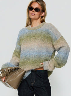 Showcasing the Loyalty Knit Jumper Ocean Moss womens-jumpers in oversized short length with striped round neckline front view of model wearing Princess Polly