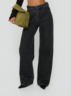 Showcasing Konstanze High Rise Baggy Jeans Washed Black in womens-jeans side view of model wearing Princess Polly