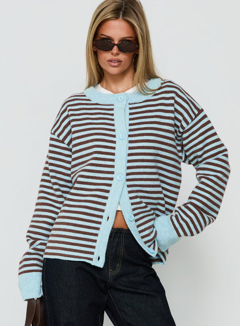 Showcasing the Darnelle Button Up Knit Cardigan Mint Chocolate Stripe womens-jumpers in short length front view of model wearing Princess Polly