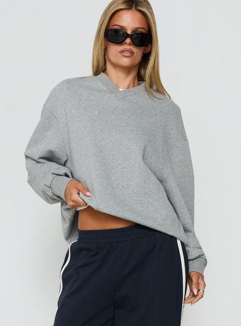 Showcasing the Opollo V Neck Jumper Grey Marle in womens-jumpers with long length and oversized fit front view of model wearing Princess Polly