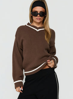 Showcasing the Myrandah V Neck Long Sleeve Knit Jumper Chocolate Stripe in womens-jumpers featuring short length and oversized fit front view of model wearing Princess Polly