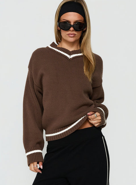 Showcasing the Myrandah V Neck Long Sleeve Knit Jumper Chocolate Stripe in womens-jumpers featuring short length and oversized fit front view of model wearing Princess Polly