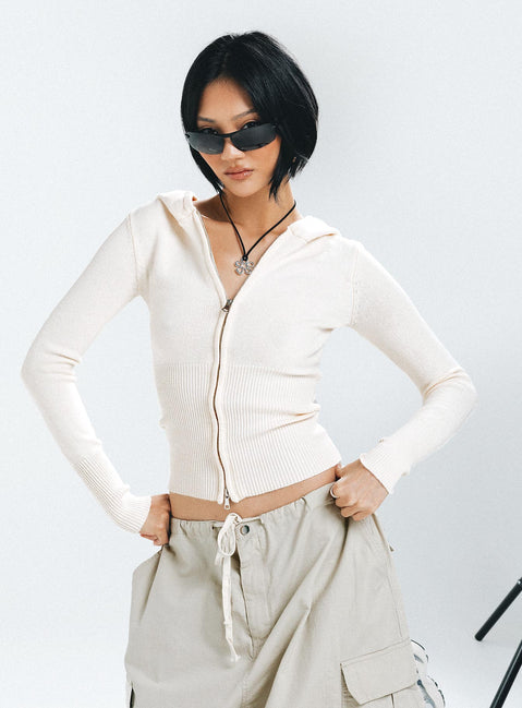 side view of model wearing Princess Polly Elingford Zip Up Hooded Sweater Cream Jumpers 