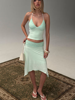 Introducing the Natabelle Lace Detail Midi Skirt in Mint, a womens-skirts design featuring asymmetry and fitted silhouette front view of model wearing Princess Polly