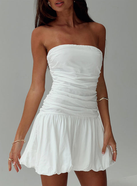 front view of model wearing Princess Polly Glamour Girl Strapless Bubble Hem Mini Dress White Straight Neck 