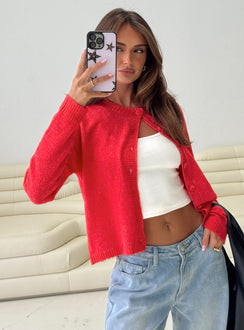 front view of model wearing Princess Polly Denmark Cardigan Red cropped Jumpers 