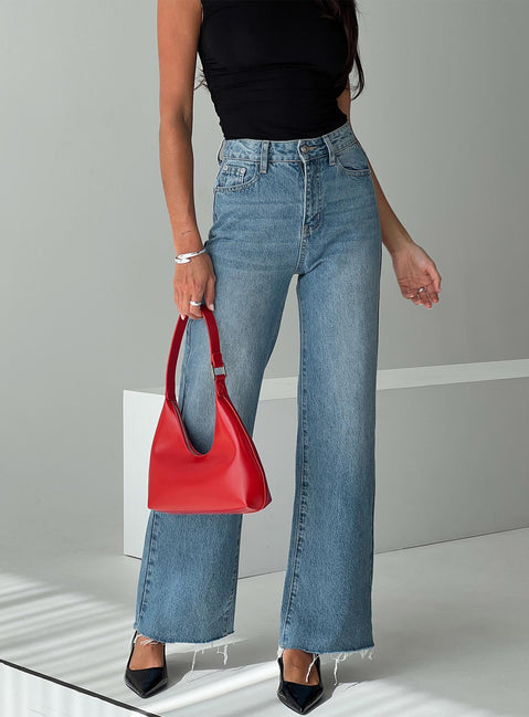 back view of model wearing Princess Polly Henesey High Rise Straight Leg Jeans Mid Blue Wash High Rise Jeans Jeans 