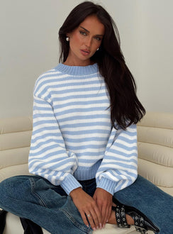 front view of model wearing Princess Polly Harmony Balloon Sleeve Knit Sweater Blue / White Stripe Cropped Jumpers Jumpers 
