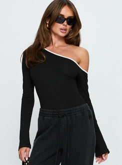 front view of model wearing Princess Polly Andrielle One Shoulder Long Sleeve Bodysuit Black / White Long Sleeve Tops Bodysuit 