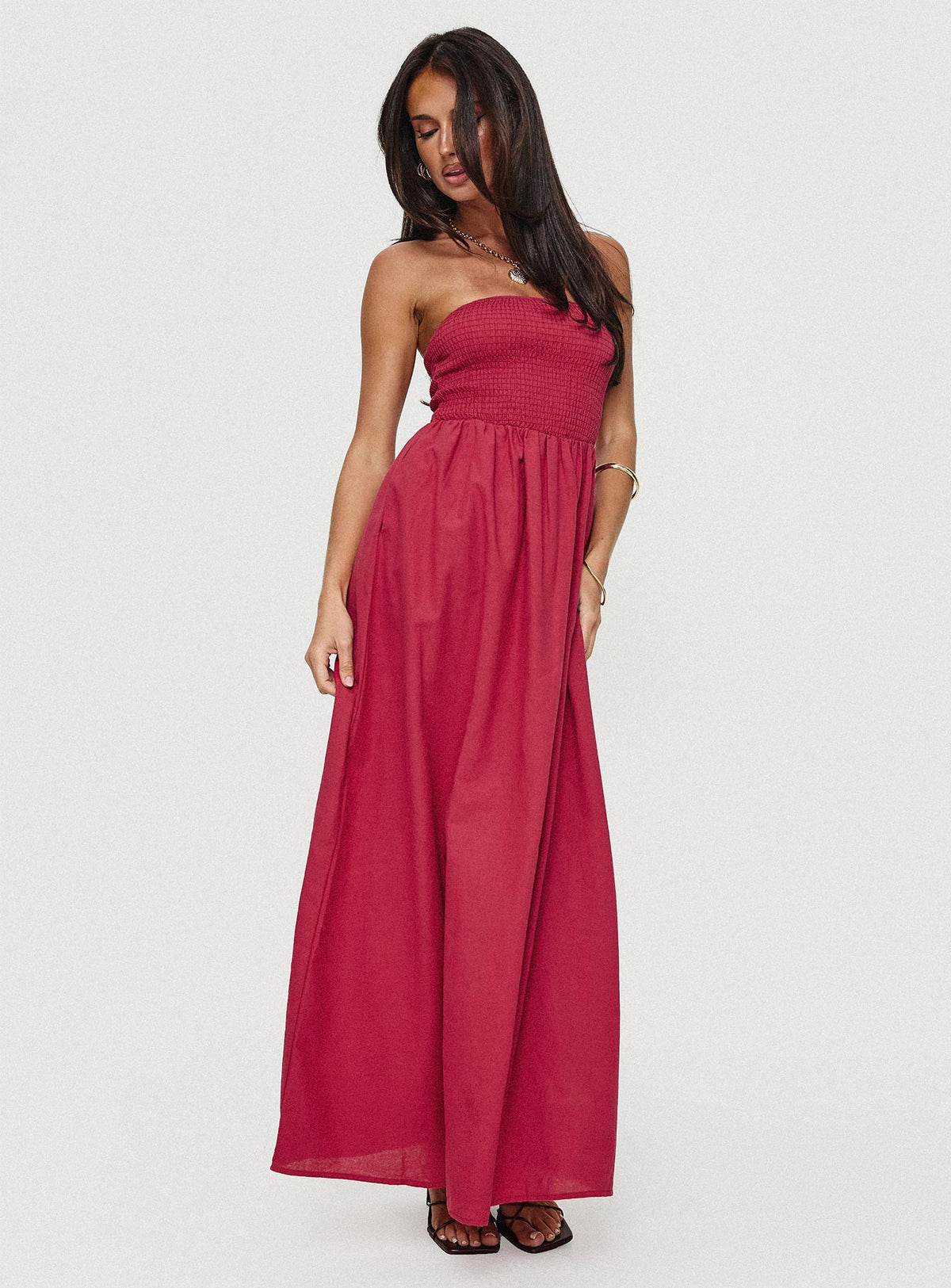 back view of model wearing Princess Polly Dayona Strapless Maxi Dress Red Straight Neck 