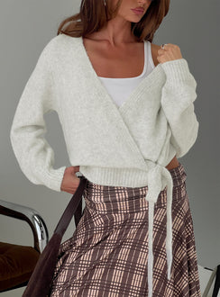 front view of model wearing Princess Polly Daelan Wrap Knit Cardigan Grey Marle Cropped Jumpers Jumpers 