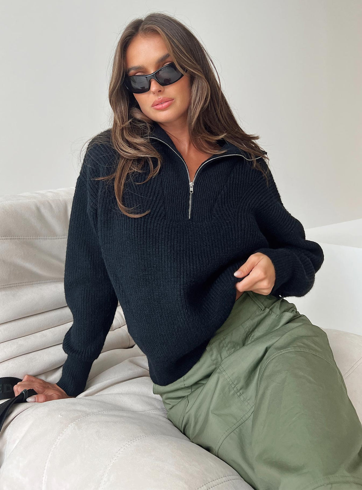 front view of model wearing Princess Polly Ferry Zip Front Sweater Black Lower Impact Cropped Jumpers Jumpers 