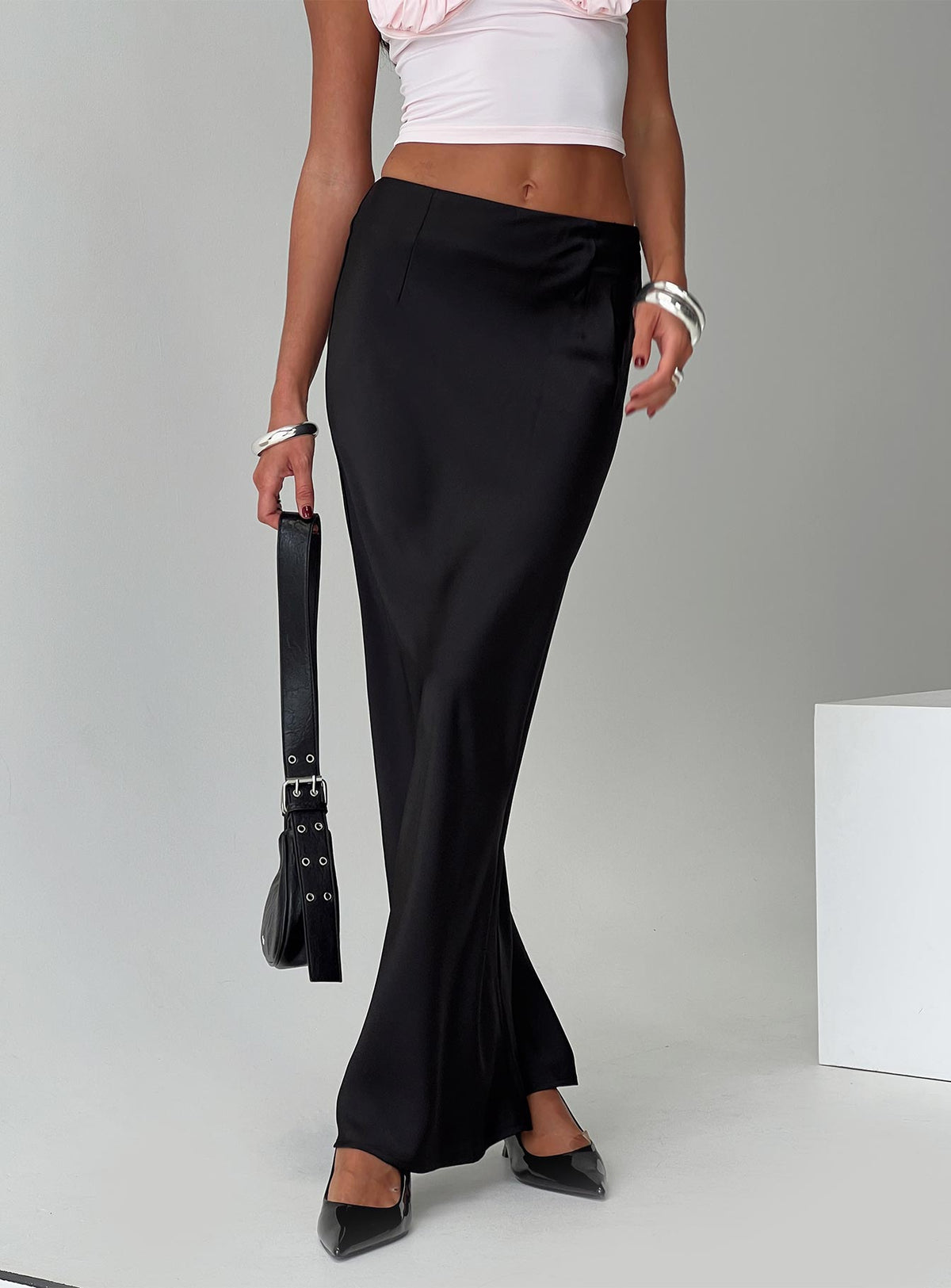 back view of model wearing Princess Polly Joder Maxi Skirt Black Maxi Skirts Skirts 