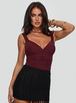 front view of model wearing Princess Polly Morgane Mesh Bodysuit Burgundy Sleeveless Bodysuit 