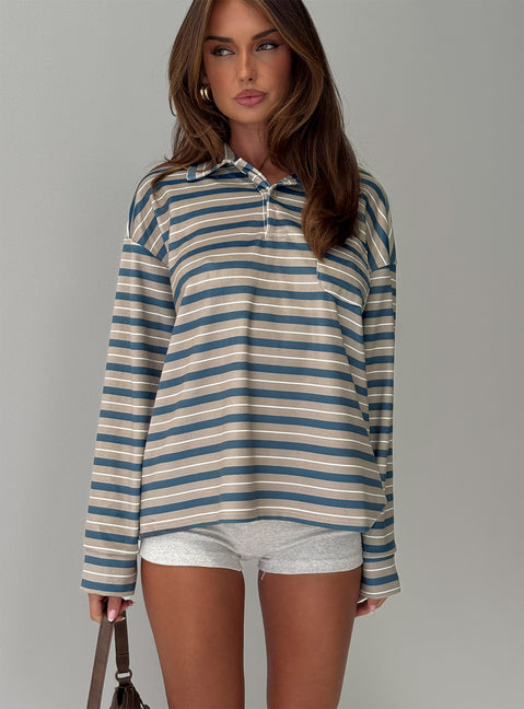 Showcasing the Mystris Collared Jumper Khaki Stripe womens-jumpers in long oversized fit front view of model wearing Princess Polly