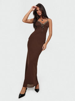 side view of model wearing Princess Polly Moorey Maxi Dress Brown Plunger 
