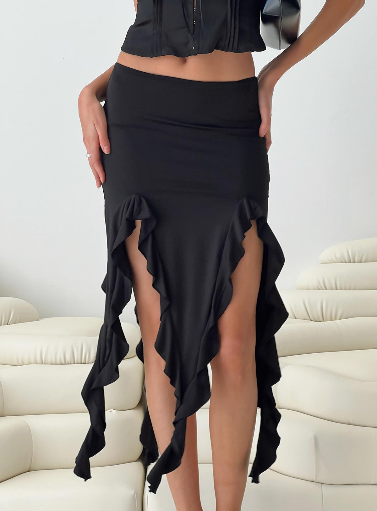 product Peachey Asymmetric Ruffle Midi Skirt Black Princess Polly  Mini Skirts 