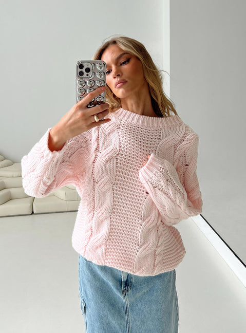 back view of model wearing Princess Polly Ellison Cable Knit Sweater Blush Pink Longline Jumpers Jumpers 