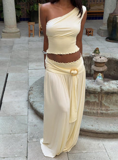   side view of model wearing Princess Polly Full Orbit Shirred Maxi Skirt Cream Maxi Skirts Skirts 