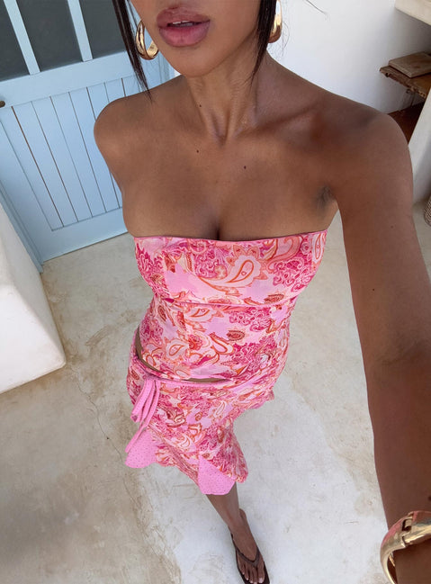 back view of model wearing Princess Polly Tipsy Strapless Top Pink Paisley Sleeveless straight 
