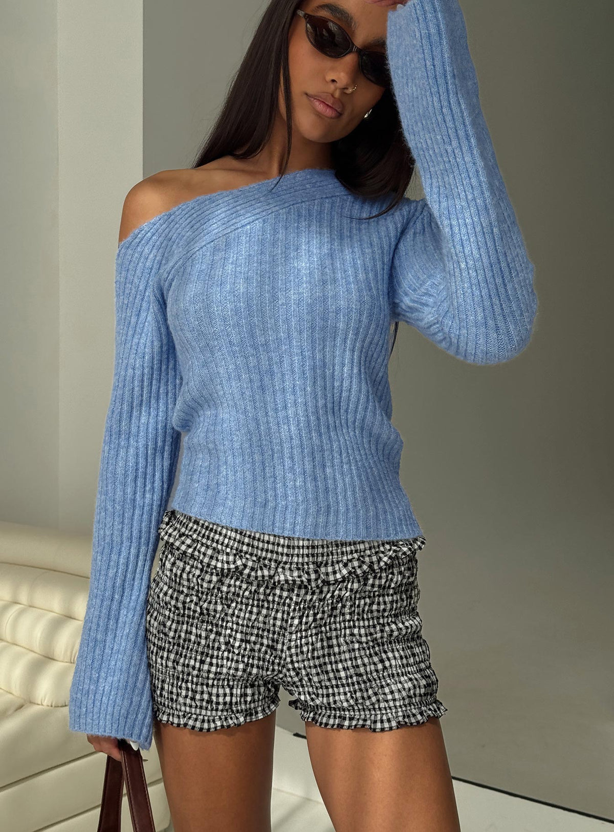 back view of model wearing Princess Polly Phillips Cold Shoulder Sweater Blue Cropped Jumpers Jumpers 