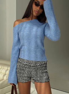 back view of model wearing Princess Polly Phillips Cold Shoulder Sweater Blue Cropped Jumpers Jumpers 