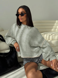 front view of model wearing Princess Polly Baby I'm Back Knit Sweater Grey / Pink Jumpers 