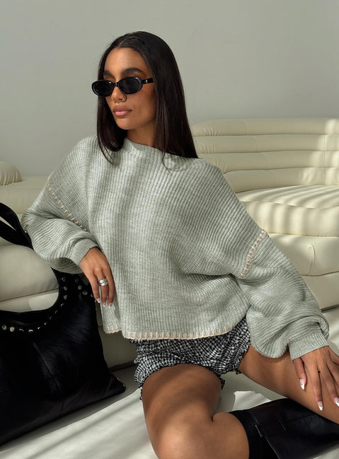 front view of model wearing Princess Polly Baby I'm Back Knit Sweater Grey / Pink Jumpers 