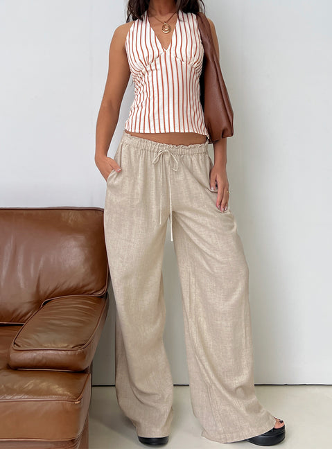 front view of model wearing Princess Polly Seascape Oversize Tie Pants Natural High Rise Pants Pants 