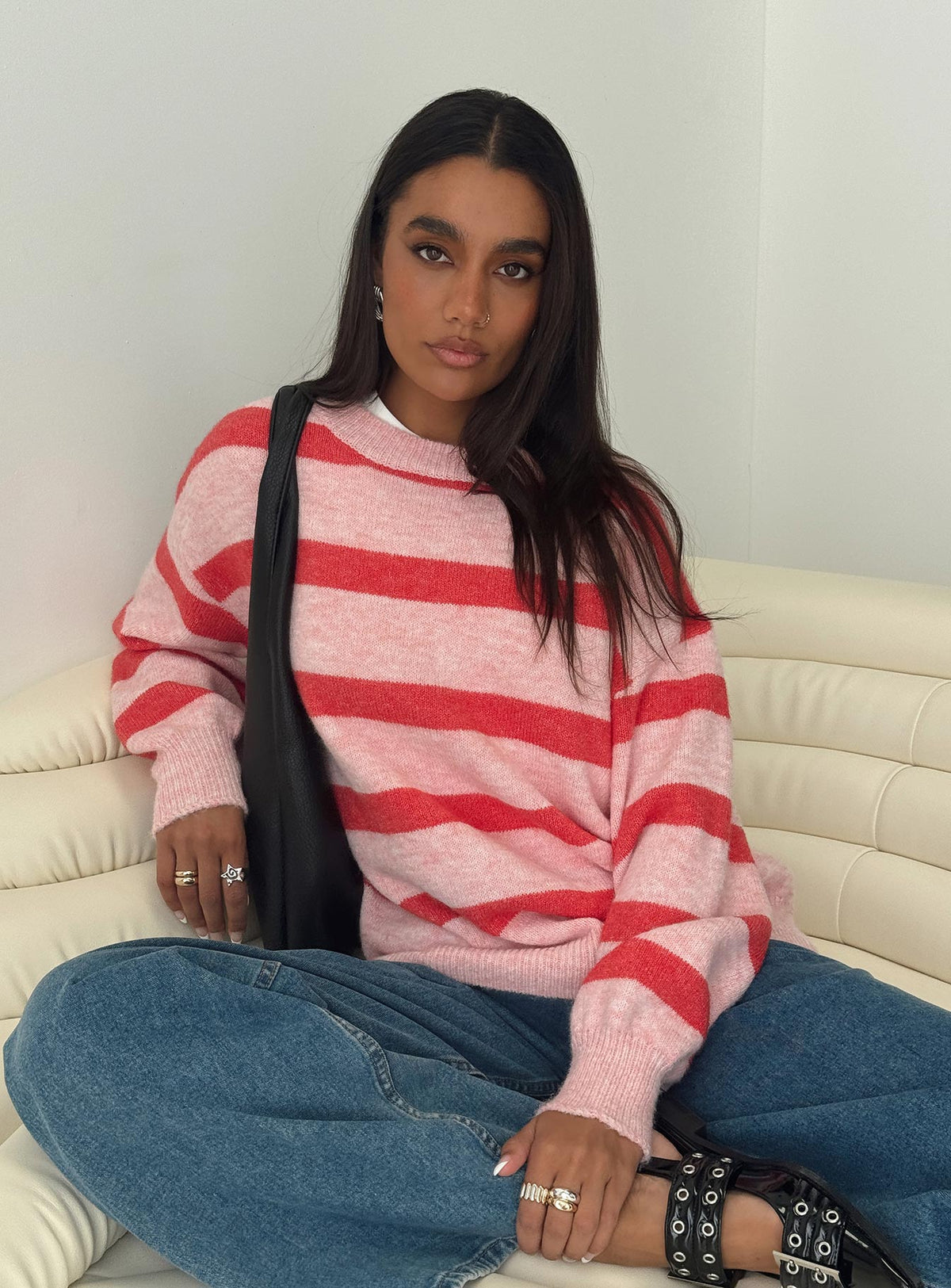 side view of model wearing Princess Polly Ryanna Sweater Pink / Red Stripe Jumpers 
