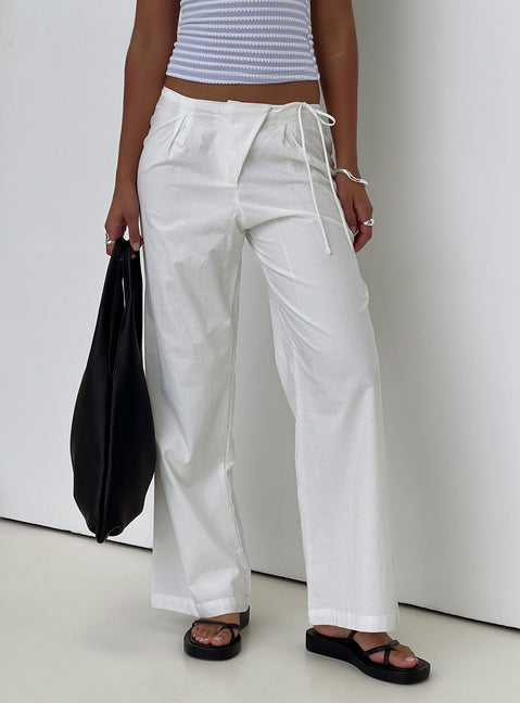 front view of model wearing Princess Polly Leyah Tie Side Pants White Low Rise Pants Pants 