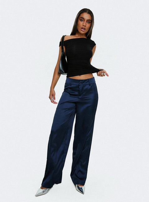 side view of model wearing Princess Polly Alaina Pants Navy High Rise Pants Pants 