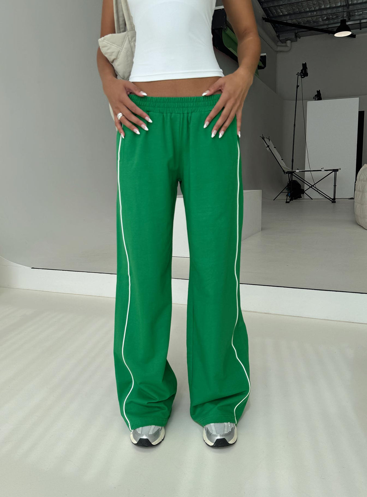 front view of model wearing Princess Polly Field Day Track Pants Green High Rise Pants Pants 