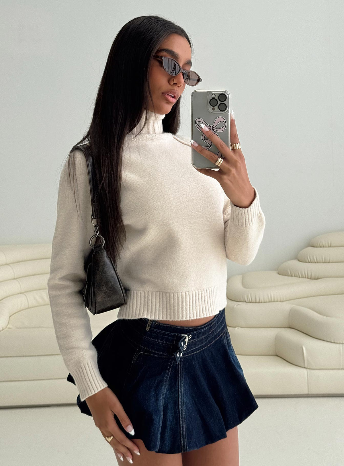 back view of model wearing Princess Polly Enrica Funnel Neck Knit Sweater Cream Cropped Jumpers Jumpers 